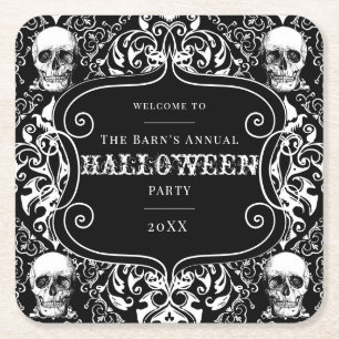 Halloween Black White Damask Skull Gothic Custom Kartonnen Onderzetters