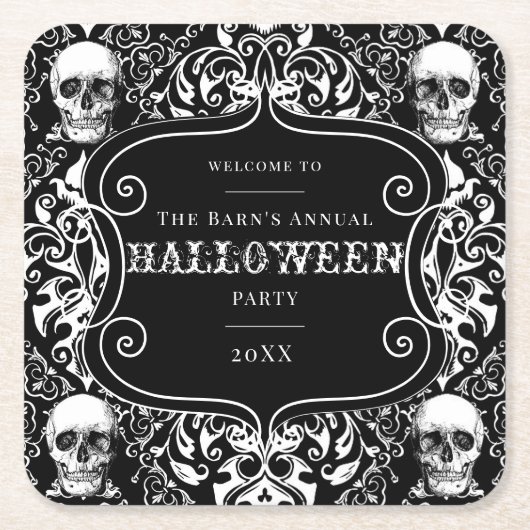 Halloween Black White Damask Skull Gothic Custom Kartonnen Onderzetters (Voorkant)