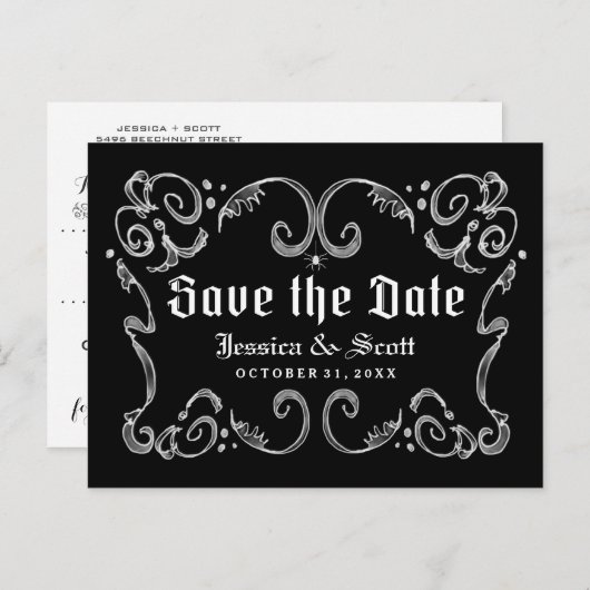 Halloween Black White Gothic Scroll Bewaar de datu Aankondigingskaart (Voorkant / Achterkant)