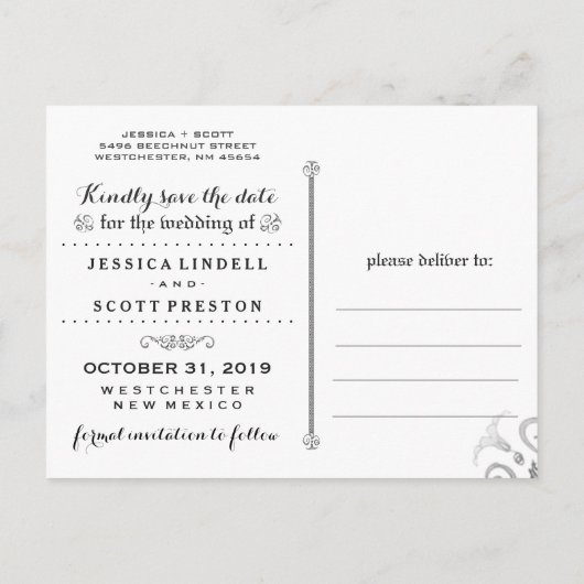 Halloween Black White Gothic Scroll Bewaar de datu Aankondigingskaart (Achterkant)