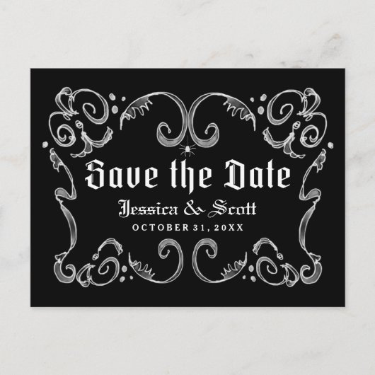 Halloween Black White Gothic Scroll Bewaar de datu Aankondigingskaart (Voorkant)