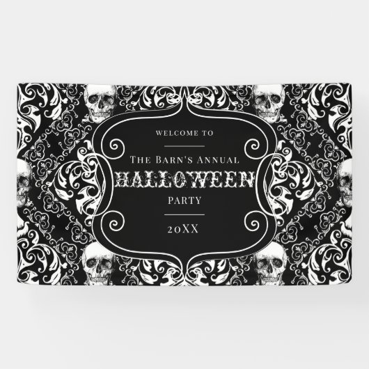 Halloween Black White Gothic Skull Damask Spandoek (Horizontaal)