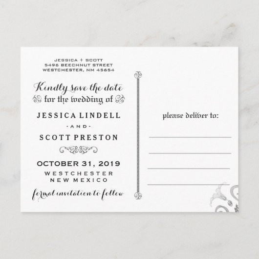 Halloween Black White Scroll Foto Sla de datum op Aankondigingskaart (Achterkant)