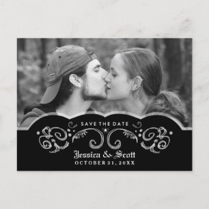 Halloween Black White Scroll Photo Save the Date Aankondigingskaart
