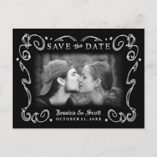 Halloween Black White Scroll Photo Save the Date Aankondigingskaart