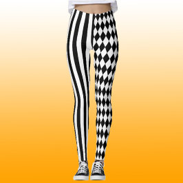 Halloween Black White Stripes Harlequin Pattern Leggings