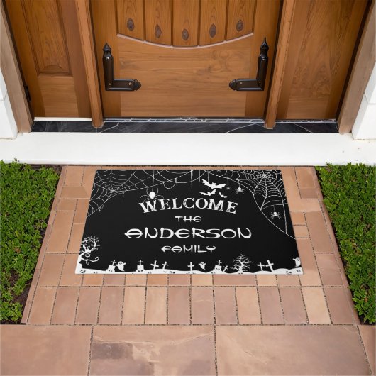 Halloween Black & White Web Spider Web Ghost Name Deurmat (Buiten)