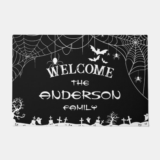 Halloween Black & White Web Spider Web Ghost Name Deurmat (Voorkant)