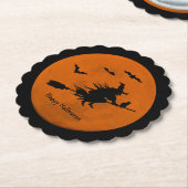 Halloween Black Wicked Witch Flying Orange Moon Kartonnen Onderzetters (Gekanteld)
