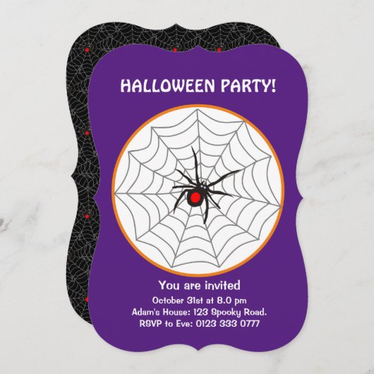 Halloween Black Widow Spider Invitation op Paars Kaart (Voorkant / Achterkant)