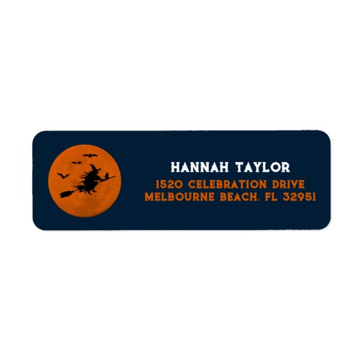 Halloween Black Witch Flying Oranje Moon Etiket (Voorkant)
