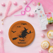 Halloween Black Witch Flying Oranje Moon Papieren Bordje (Feest)