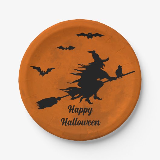Halloween Black Witch Flying Oranje Moon Papieren Bordje (Voorkant)