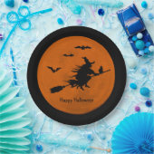 Halloween Black Witch Flying Oranje Moon Papieren Bordje (Feest)