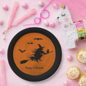 Halloween Black Witch Flying Oranje Moon Papieren Bordje (Feest)