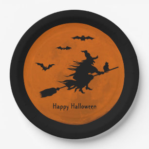 Halloween Black Witch Flying Oranje Moon Papieren Bordje