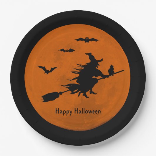 Halloween Black Witch Flying Oranje Moon Papieren Bordje (Voorkant)