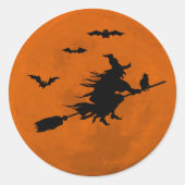Halloween Black Witch Flying Oranje Moon Ronde Sticker (Voorkant)