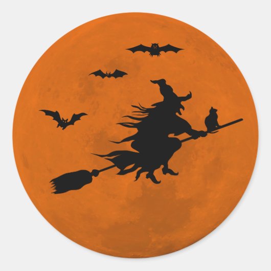 Halloween Black Witch Flying Oranje Moon Ronde Sticker (Voorkant)