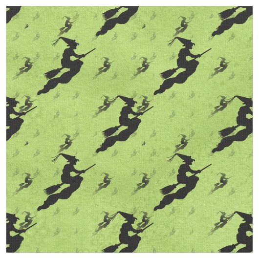 Halloween Black Witch Silhouette Pattern Green Stof (Close Up)