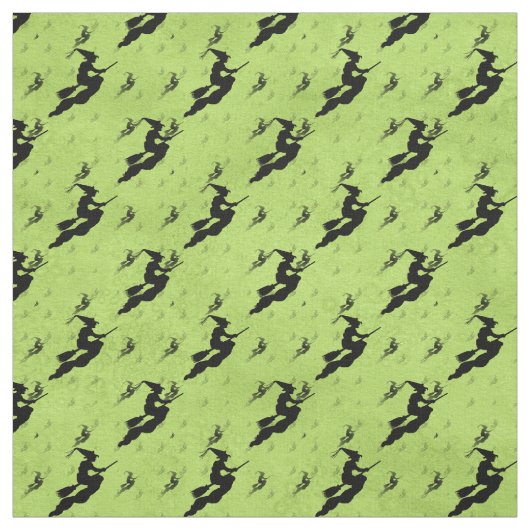 Halloween Black Witch Silhouette Pattern Green Stof (Swatch)