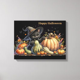 Halloween Black Witch's Kitten met pompoenen kaleb Canvas Afdruk