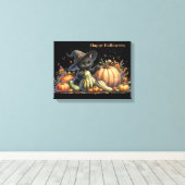 Halloween Black Witch's Kitten met pompoenen kaleb Canvas Afdruk (Insitu (Houten vloer))