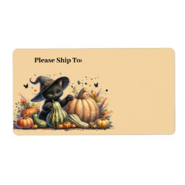 Halloween Black Witch's Kitten met pompoenen kaleb Etiket