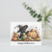 Halloween Black Witch's Kitten met pompoenen kaleb Feestdagenkaart (Staand voorkant)