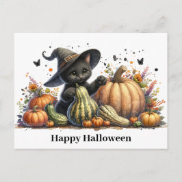 Halloween Black Witch's Kitten met pompoenen kaleb Feestdagenkaart