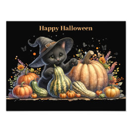 Halloween Black Witch's Kitten met pompoenen kaleb Foto Afdruk