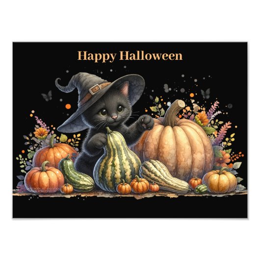 Halloween Black Witch's Kitten met pompoenen kaleb Foto Afdruk (Voorkant)