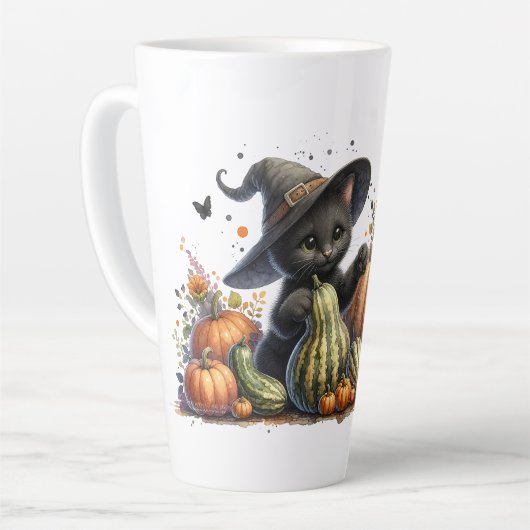 Halloween Black Witch's Kitten met pompoenen kaleb Latte Mok (Linkerhoek)