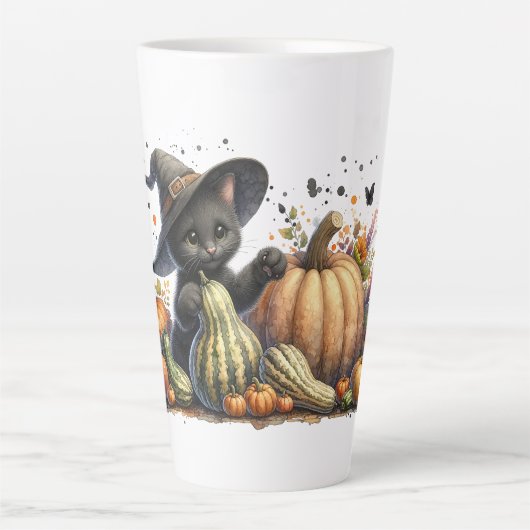 Halloween Black Witch's Kitten met pompoenen kaleb Latte Mok (Voorkant)