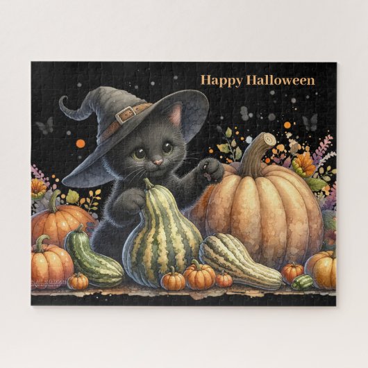 Halloween Black Witch's Kitten met pompoenen kaleb Legpuzzel (Horizontaal)