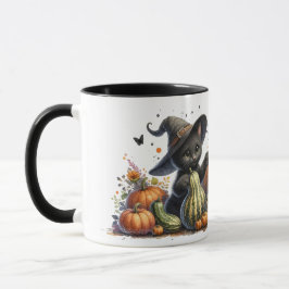 Halloween Black Witch's Kitten met pompoenen kaleb Mok
