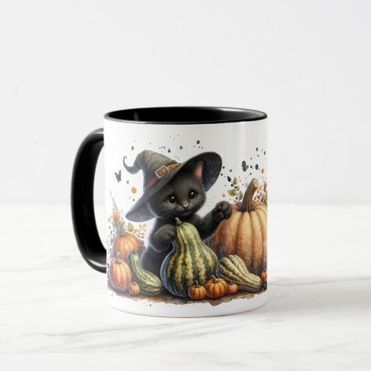 Halloween Black Witch's Kitten met pompoenen kaleb Mok (Voorkant links)