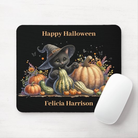 Halloween Black Witch's Kitten met pompoenen kaleb Muismat (Met muis)