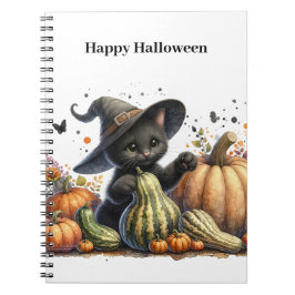 Halloween Black Witch's Kitten met pompoenen kaleb Notitieboek