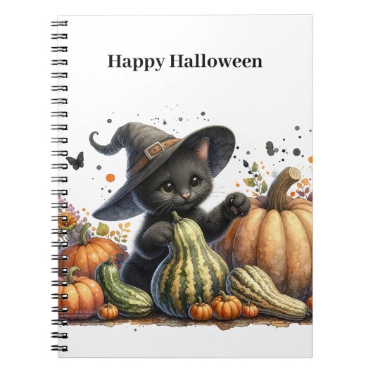 Halloween Black Witch's Kitten met pompoenen kaleb Notitieboek (Voorkant)