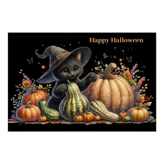 Halloween Black Witch's Kitten met pompoenen kaleb Perfect Poster (Voorkant)