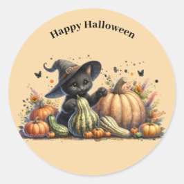 Halloween Black Witch's Kitten met pompoenen kaleb Ronde Sticker