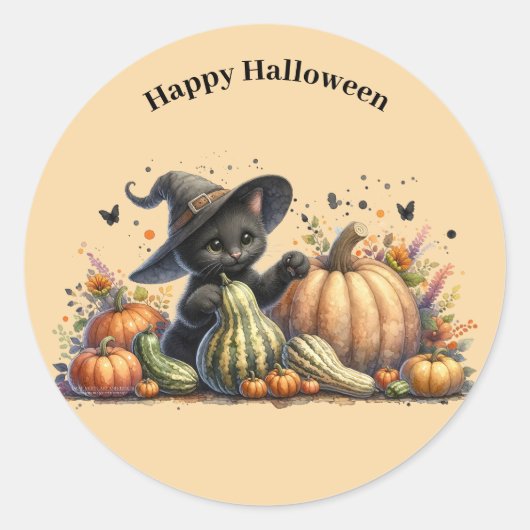 Halloween Black Witch's Kitten met pompoenen kaleb Ronde Sticker (Voorkant)