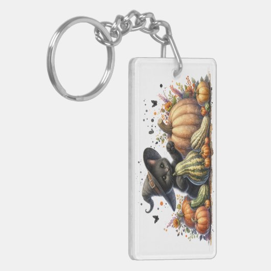 Halloween Black Witch's Kitten met pompoenen kaleb Sleutelhanger (Voorkant Links)