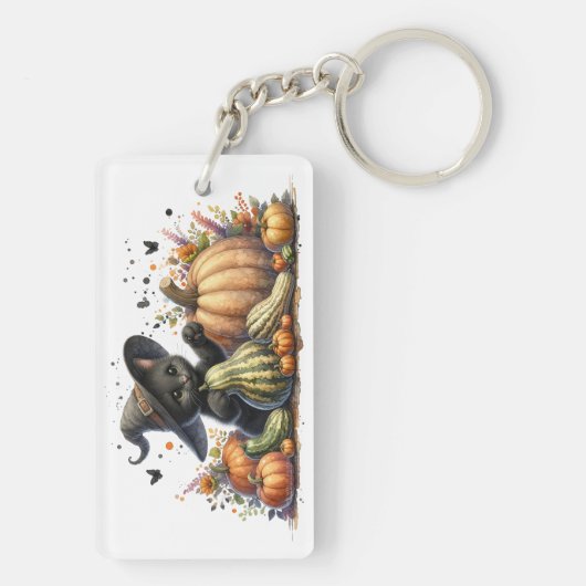 Halloween Black Witch's Kitten met pompoenen kaleb Sleutelhanger (achterkant)