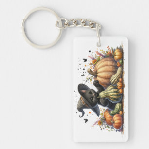 Halloween Black Witch's Kitten met pompoenen kaleb Sleutelhanger