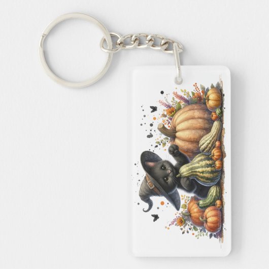 Halloween Black Witch's Kitten met pompoenen kaleb Sleutelhanger (Voorkant)