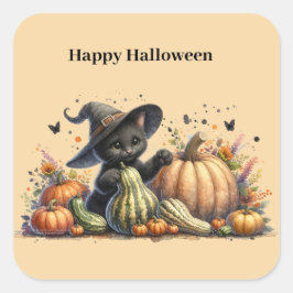 Halloween Black Witch's Kitten met pompoenen kaleb Vierkante Sticker
