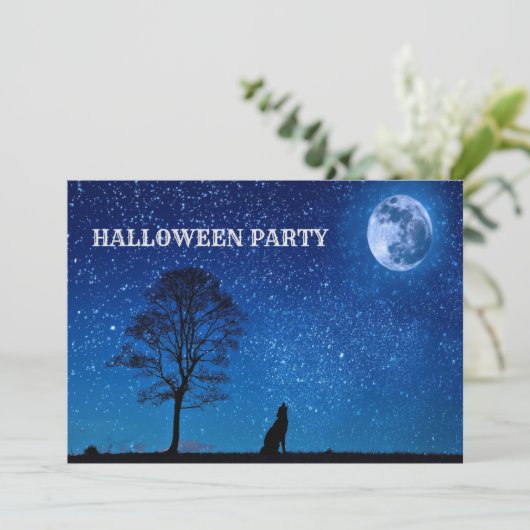 Halloween Black Wolf Tree Navy Blue Full Moon Kaart (Staand voorkant)
