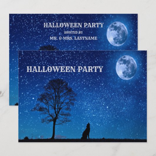 Halloween Black Wolf Tree Navy Blue Full Moon Kaart (Voorkant / Achterkant)